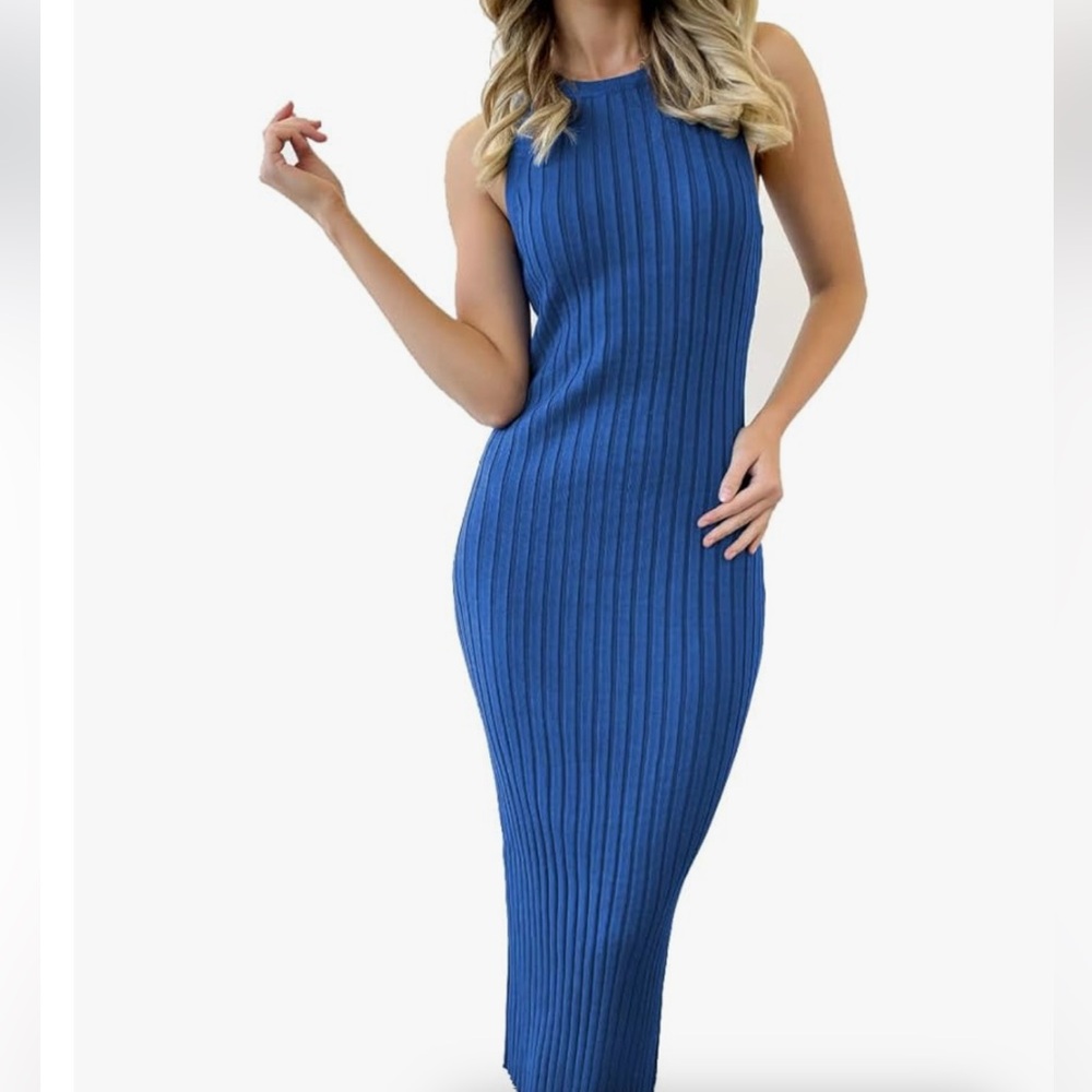 Ribbed Bodycon Blue Sleeveless Dress